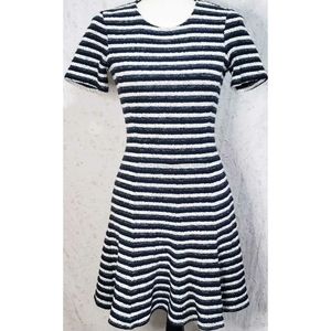Theory Striped Textured A Line Dress Navy Blue White Fit and Flare Retro